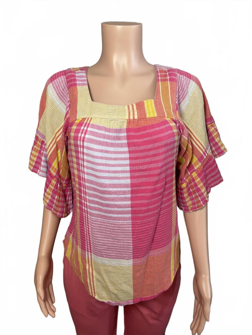 BeachLunchLounge S/P Boho Cottage core Coastal Plaid Top. - Picture 2 of 8